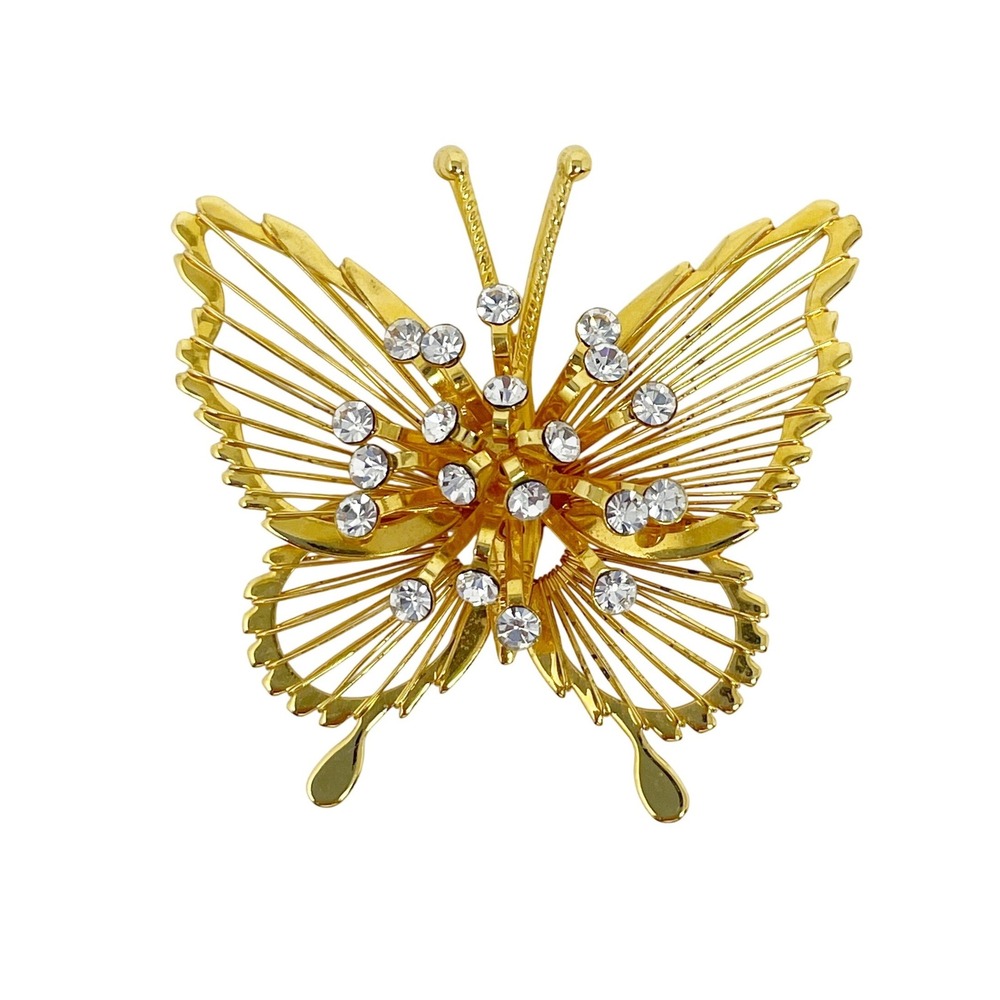 Vintage Openwork 3D Butterfly Brooch Gold Tone Rhinestones Filigree Unsigned